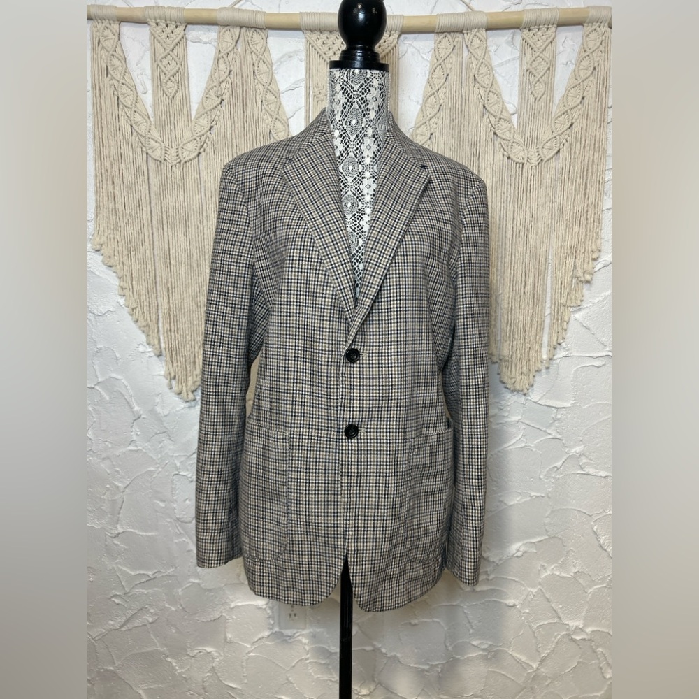ZARA Check Blazer Linen/Cotton blend– Classic Two-Button Style - Size Large